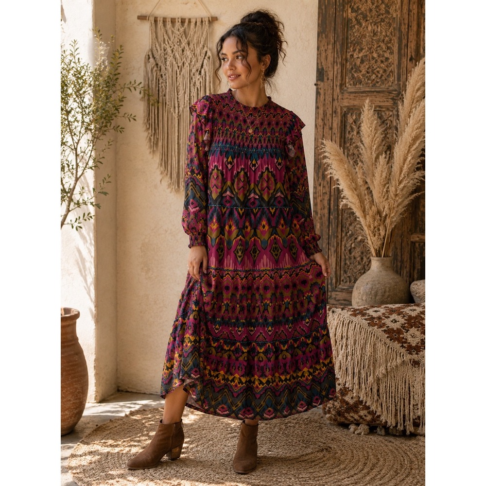Blank London Tribal Geometric Smocked Tiered Boho Bold Art Midi Dress Women M